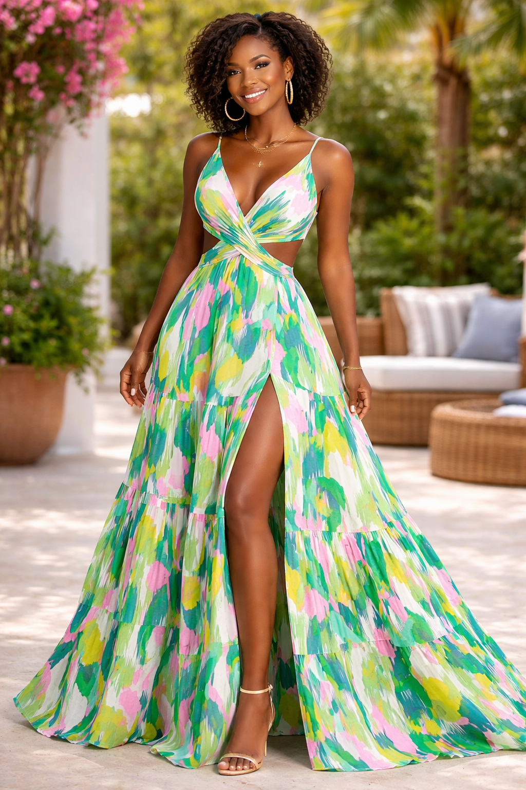 Abstract Brushstroke Rayon Challis Fabric by the Yard – Green & Pink Multicolor