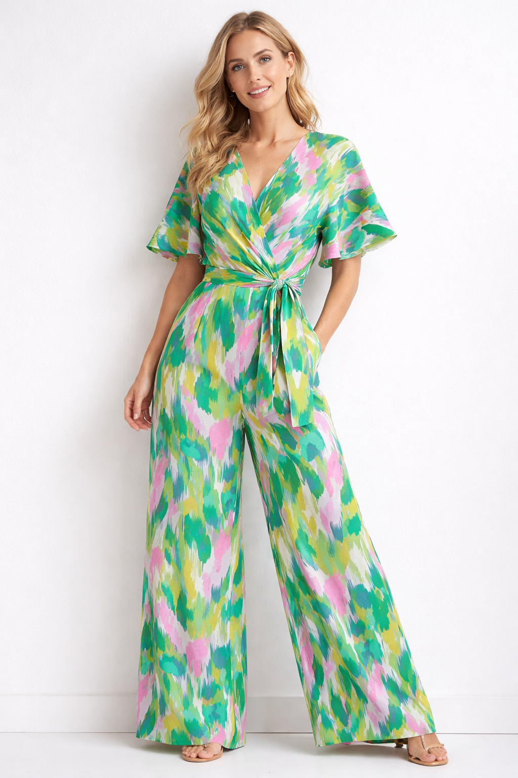 Abstract Brushstroke Rayon Challis Fabric by the Yard – Green & Pink Multicolor