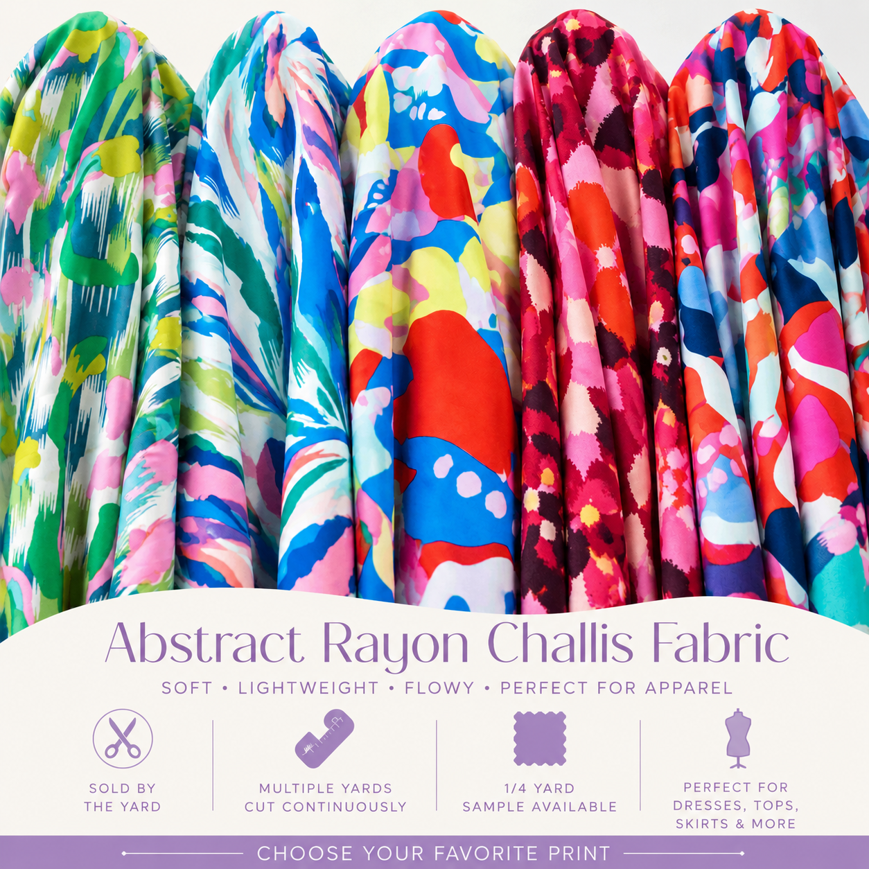 Abstract Print Rayon Challis Fabric by the Yard – Colorful Lightweight Flowy Dressmaking Fabric