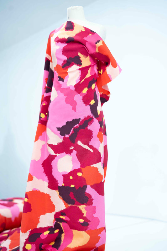 Abstract Painterly Rayon Challis Fabric by the Yard – Pink & Red Multicolor