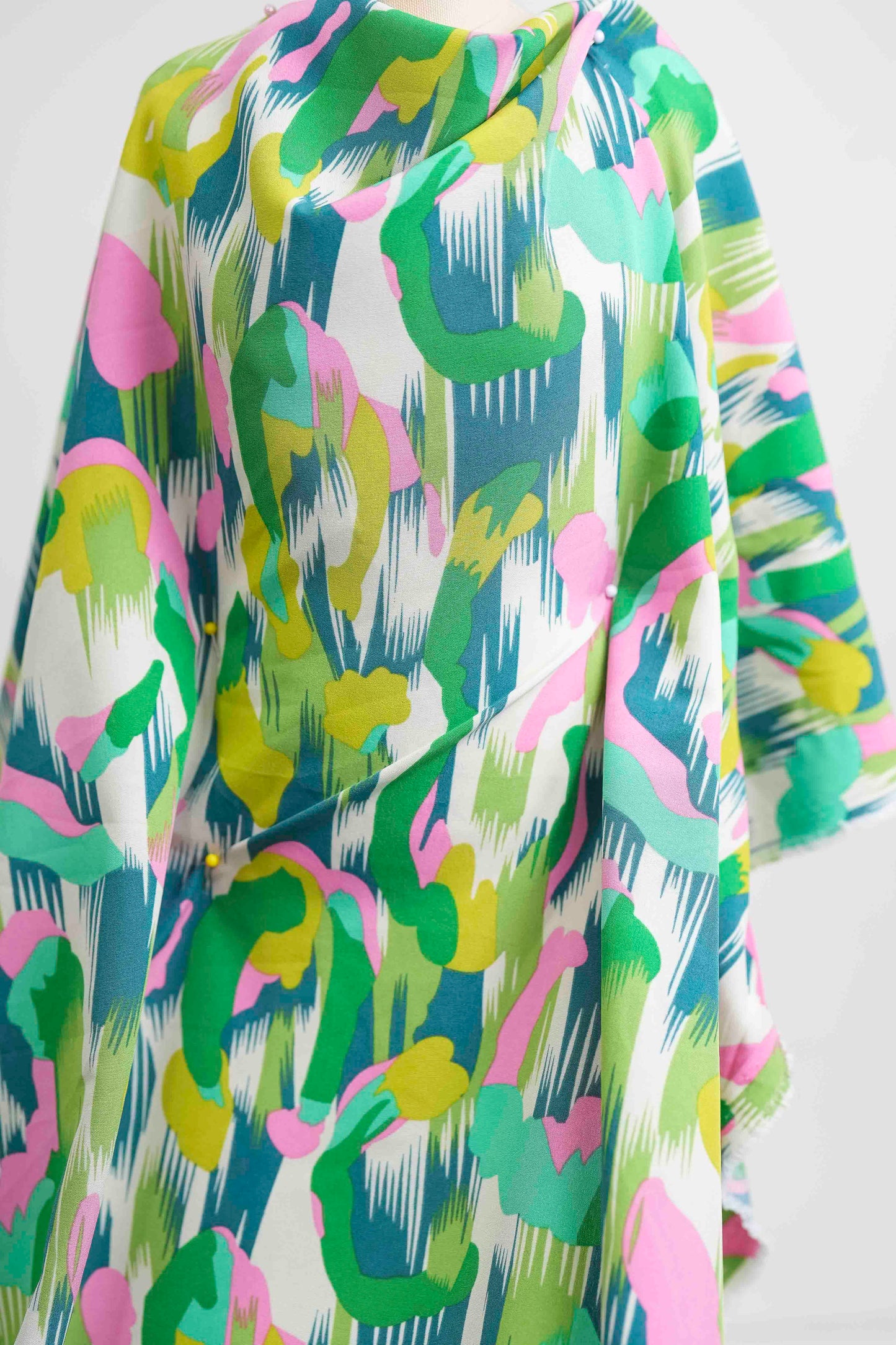 Abstract Brushstroke Rayon Challis Fabric by the Yard – Green & Pink Multicolor