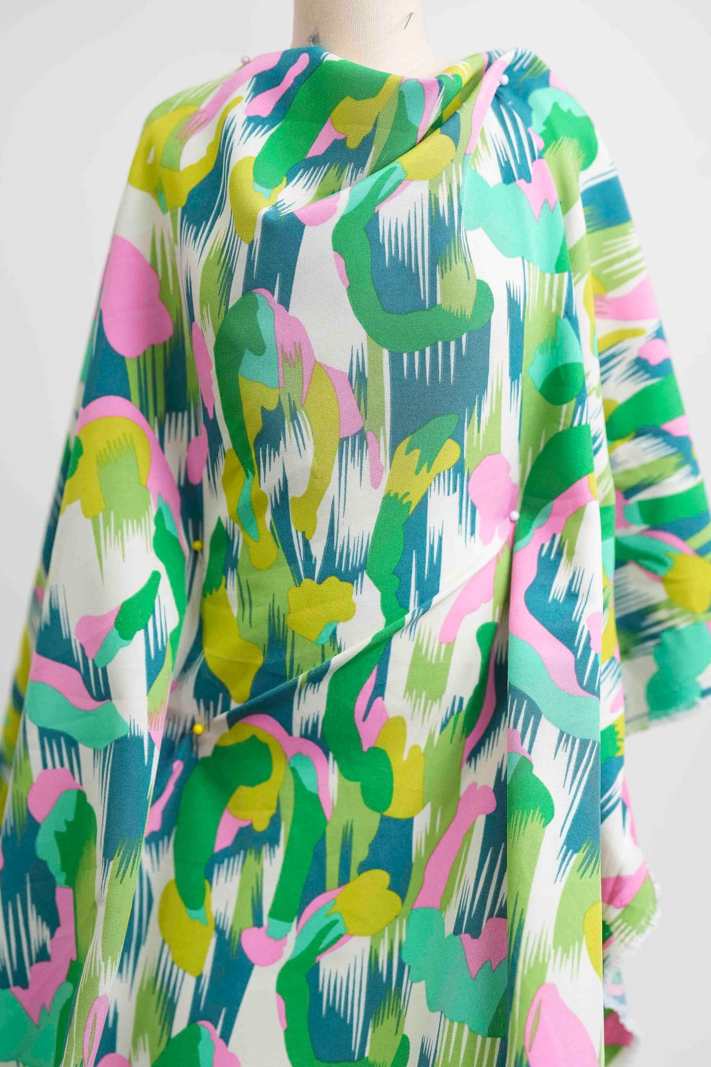 Abstract Brushstroke Rayon Challis Fabric by the Yard – Green & Pink Multicolor