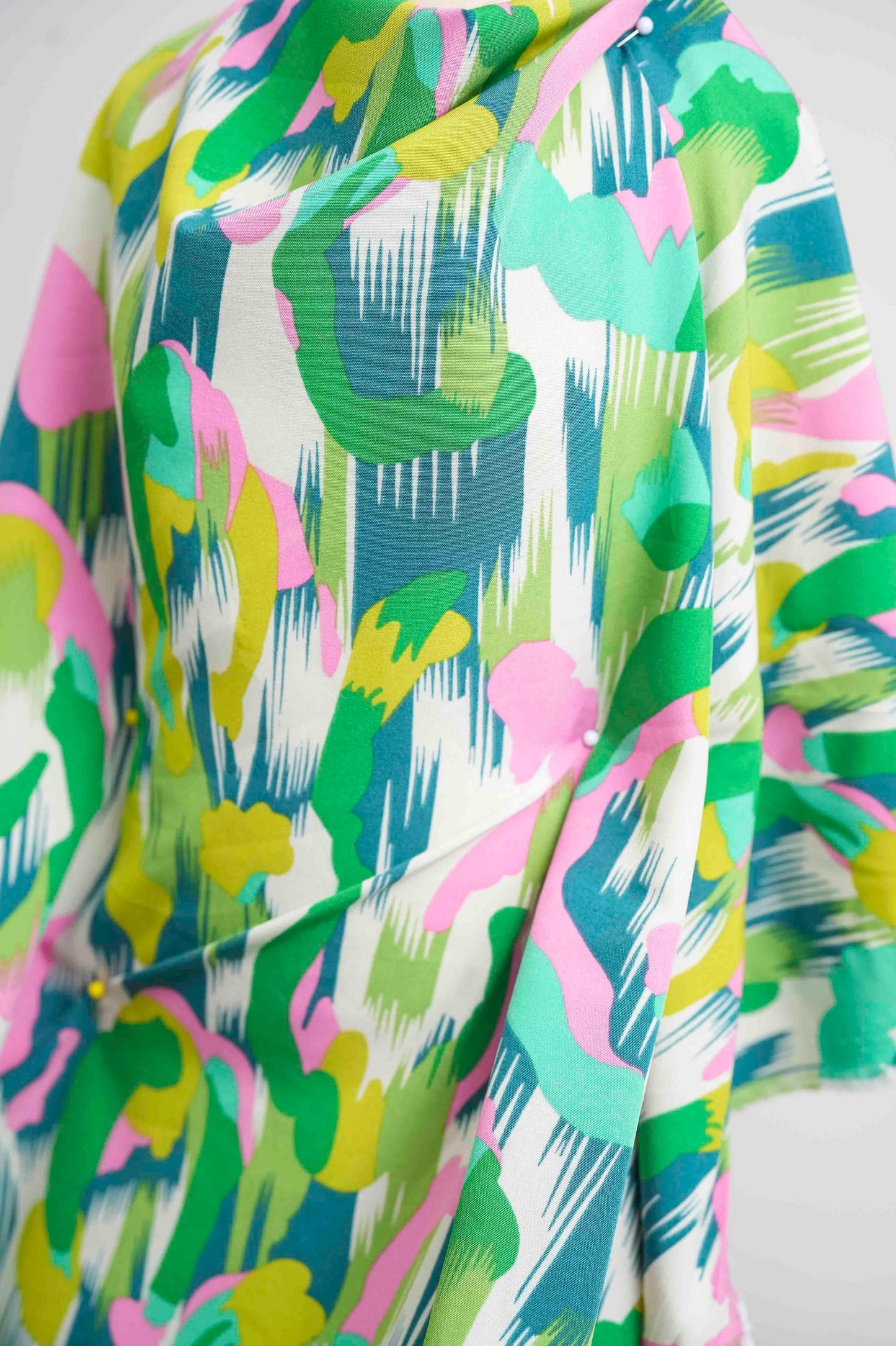 Abstract Brushstroke Rayon Challis Fabric by the Yard – Green & Pink Multicolor