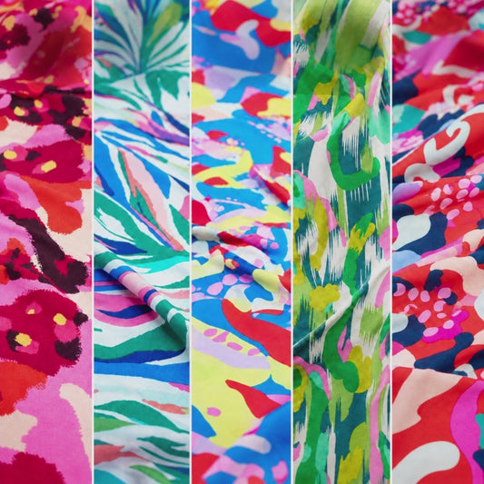 Abstract Print Rayon Challis Fabric by the Yard – Colorful Lightweight Flowy Dressmaking Fabric